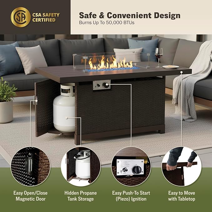 52 Inch Outdoor Fire Pit Table, 50000 BTU Propane Fire Pits with Wind Guard and Fire Glass, CSA Certified Patio Fire Table, Rectangular Aluminum Rattan Fire Table for Outside Patio, Backyard, Brown