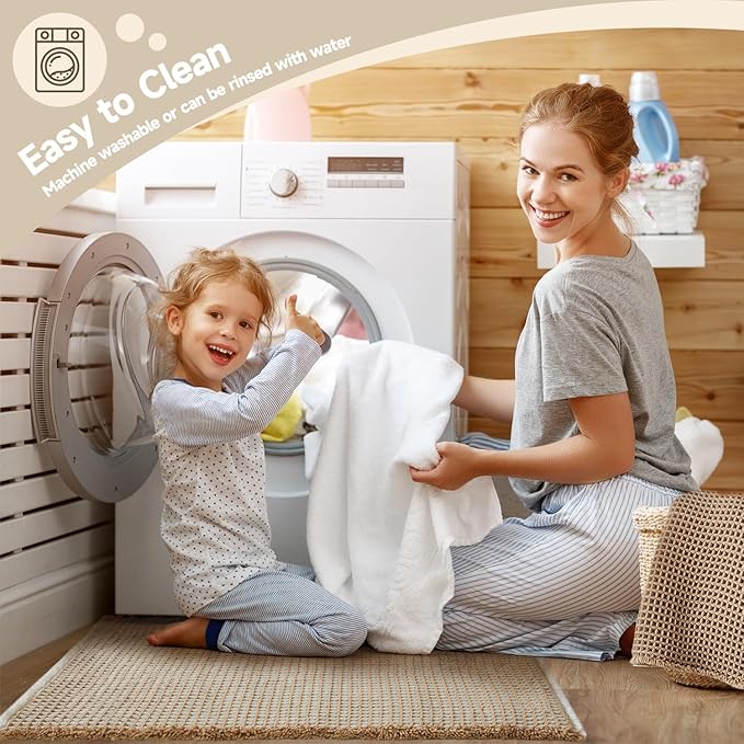 Waffle Bath Mat, Boho Bathroom Rugs Non Slip Washable Super Absorbent Quick Dry Bath Mat Farmhouse Bathroom Decor, 48"x24" Khaki and White