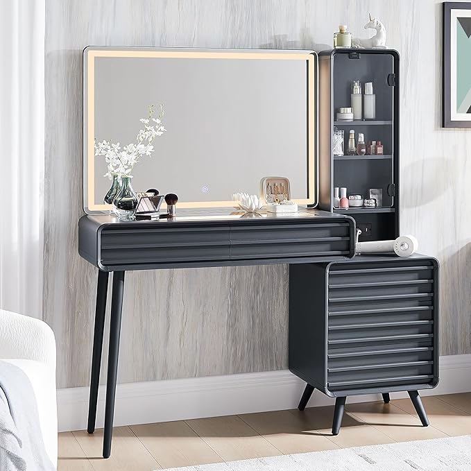 Fluted Makeup Vanity Desk with Large 35" HD Lighted Mirror, 48" Mid Century Modern Glass Top Vanity Table with 5 Drawers & Adjustable Shelf, Dressing Table w/Charging Station for Bedroom