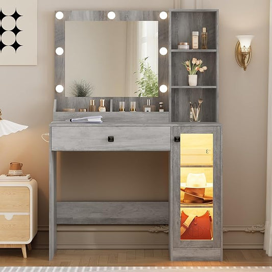 Makeup Vanity with Mirror and Lights, 34'' Wide Dressing Table with Charging Station & RGB Glass Cabinet, Small Vanity Desk with 3 Color Lighting Modes & Adjustable Brightness, Grey