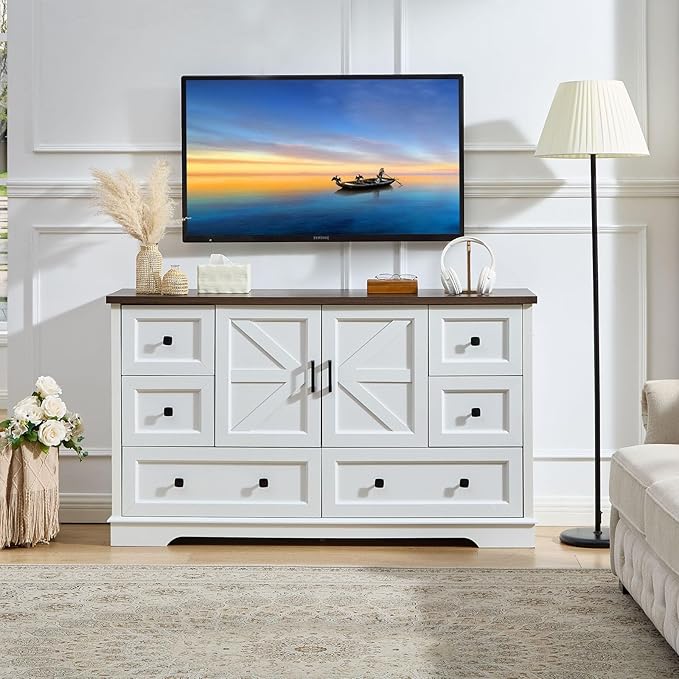 LIDYUK 6 Drawer White Dresser for Bedroom Farmhouse Dresser Chest of Drawers, 55" Wide Clothes Organizer with Storage Cabinet Wood Chest of Drawers for Bedroom, Living Room