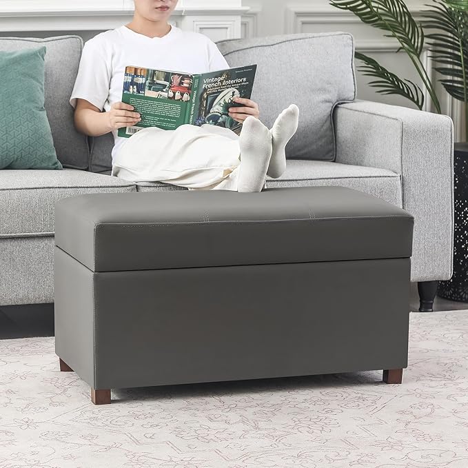 Asense Storage Ottoman Bench –32 Inch Stylish Compact Design with Storage, Extra Seating & Modern Leather Appeal for Living Room, Bedroom, Entryway， Slate Gray