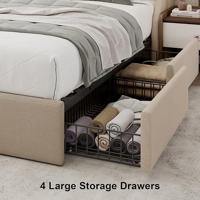 Upholstered King Size Bed Frame with 4 Storage Drawers, Modern Platform Bed with Wingback Headboard, Charging Station, No Box Spring Needed, Beige