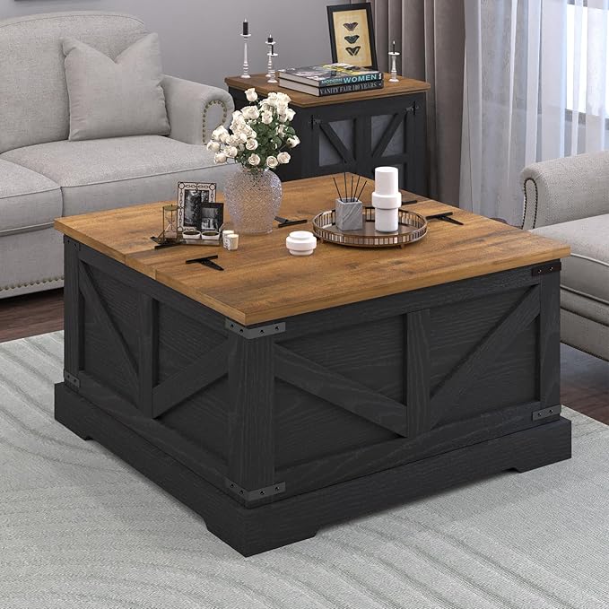 Farmhouse Coffee Table with Hidden Storage Compartment, Black Square Coffee Table for Living Room, Wood Center Table with Hinged Lifting Tabletop for Home