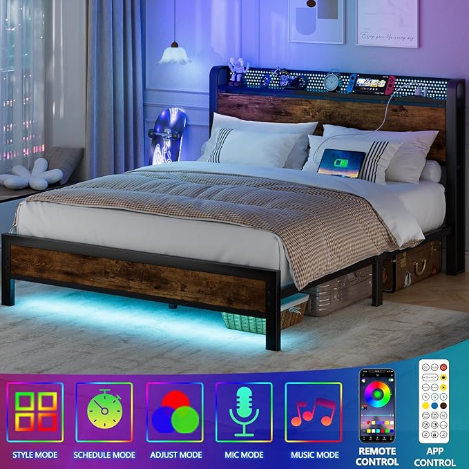 Furnulem Queen Bed Frame with Charging Station and LED Lights,Industrial Platform Beds Queen Size with Storage Headboard,USB Port,Rustic Wood and Strong Metal Support,No Box Spring Needed, Noise Free