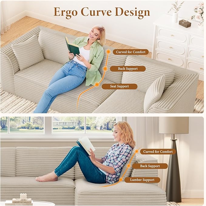 Vesgantti 106" Modular Sectional Sofa with Chaise, Deep Seat Comfy Cloud Couch Corduroy L Shaped Sofa Sectional Couches for Living Room Bedroom, No Assembly Required (Camel, Right-Facing Chaise)