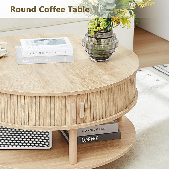 RARZOE 31.5" Round Coffee Table with Storage, Wood Circle Coffee Table with Sliding Cabinet Doors, Fluted Dining Table Accent Center Table for Living Room Home Office Apartment, Natural