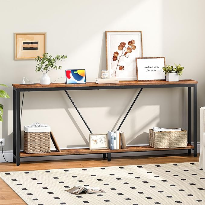 HOOBRO 78.7" Extra Long Sofa Console Table with Charging Station, 2-Tier Behind Couch Table with V-Brace, for Narrow Entryway, Hallway, Living Room, Rustic Brown BF206UXG01