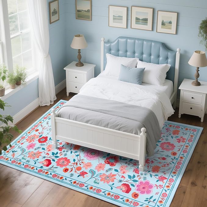 8x10 Area Rug for Living Room Clearance, Modern Washable Rug Non Slip Low Pile Floral Rugs for Living Room, Bedroom, Farmhouse, Dining Room, Kids Playroom, Blue