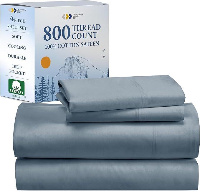California Design Den Luxury 100% Cotton Sateen - Buttery Soft 800 Thread Count King Bed Sheet Set - Beats Fake Egyptian Claim, Durable Deep Pocket Fitted Sheet (Blue)