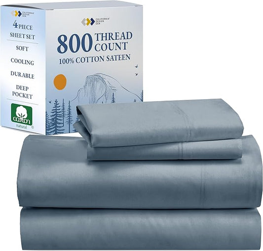 California Design Den Luxury 100% Cotton Sateen - Buttery Soft 800 Thread Count King Bed Sheet Set - Beats Fake Egyptian Claim, Durable Deep Pocket Fitted Sheet (Blue)