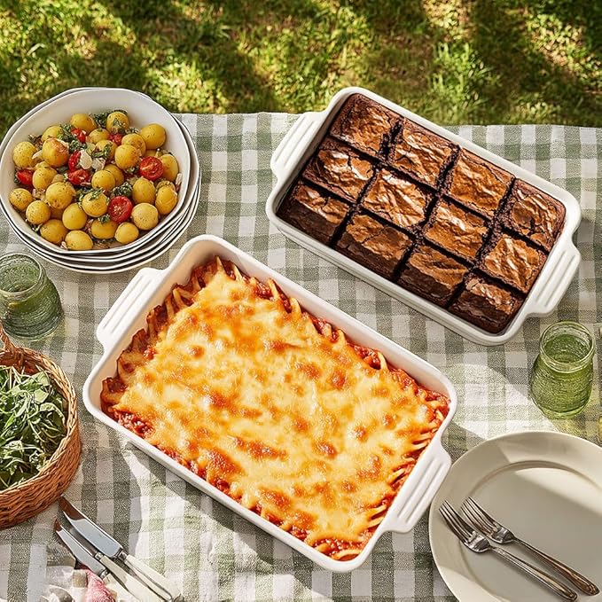 Ceramic Baking Dish Set, 3-Piece Casserole Dishes for Oven, Rectangular Baking Pans, Deep Lasagna Pans with Handles, Multi-Size Set for Cooking, Baking, Serving, and Gifting, White (16.1''/12.2''/9'')