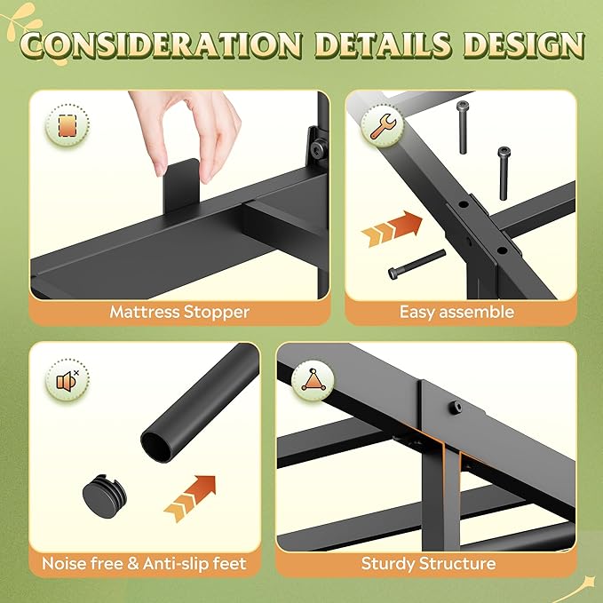 WLIVE Twin Bed Frames with Storage, Twin Bed Frame with LED Lights and Charging Station, Metal Platform Bed Frame with Headboard, Black