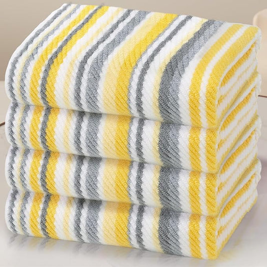 Quick Dry Bath Towels for Bathroom, 4 Pack 28"x52" - 100% Cotton | Soft | Absorbent | Lightweight, Bath Towels with Hanging Loops, Luxury Towel Set for Showering & Guset, Yellow and Gray Stripe