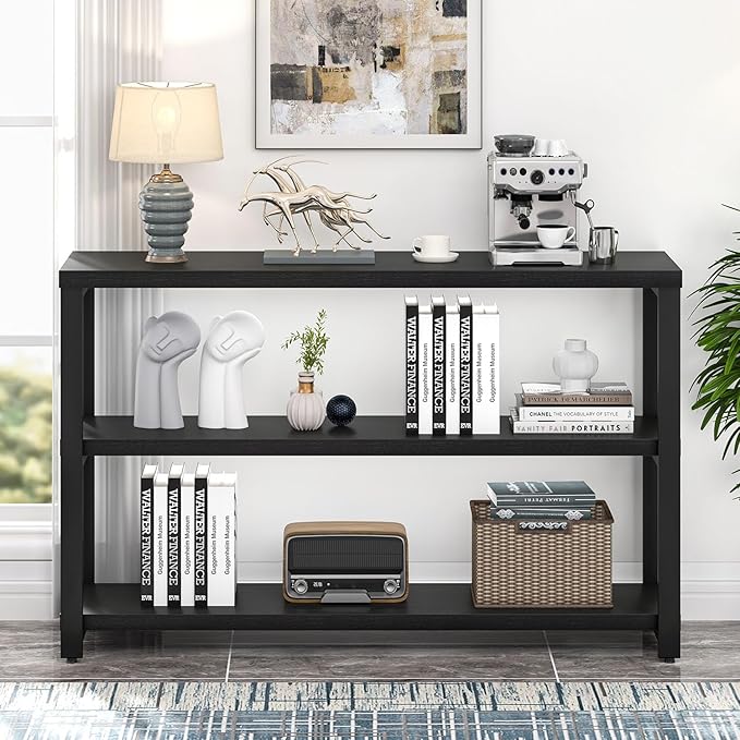 EXCEFUR Industrial Entryway Table, 3 Tier Console Table for Living Room, Wood Sofa Table for Hallway Behind Couch (47 Inch, Modern Black)