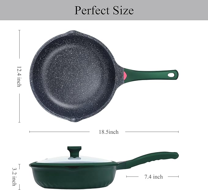 Vinchef Green Skillet Nonstick with Lids, 11In/5Qt Aluminum Deep Frying Pan with Lid and Heat Indicator, Anti Scratch and Anti Stain Deep Skillet Nonstick, Induction Compatible