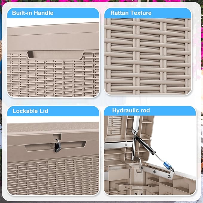 260 GallonOutdoor Storage Box,Resin Deck Boxes Waterproof, IndoorOutdoor Bin for Package Delivery, Patio Cushions, Gardening Tools, Lockable, UV Resistant