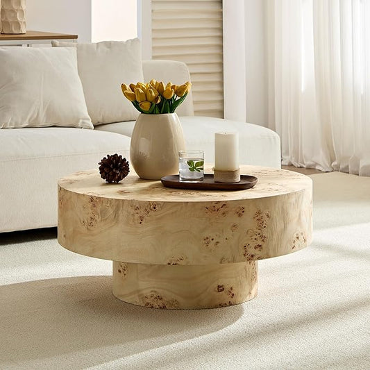 Round Coffee Table for Living Room, Accent Drum Coffee Table with Storage, Modern Burl Wood Vener Circle Center Tea Table for Small Space Apartment (31.5''D×14''H-Natural)