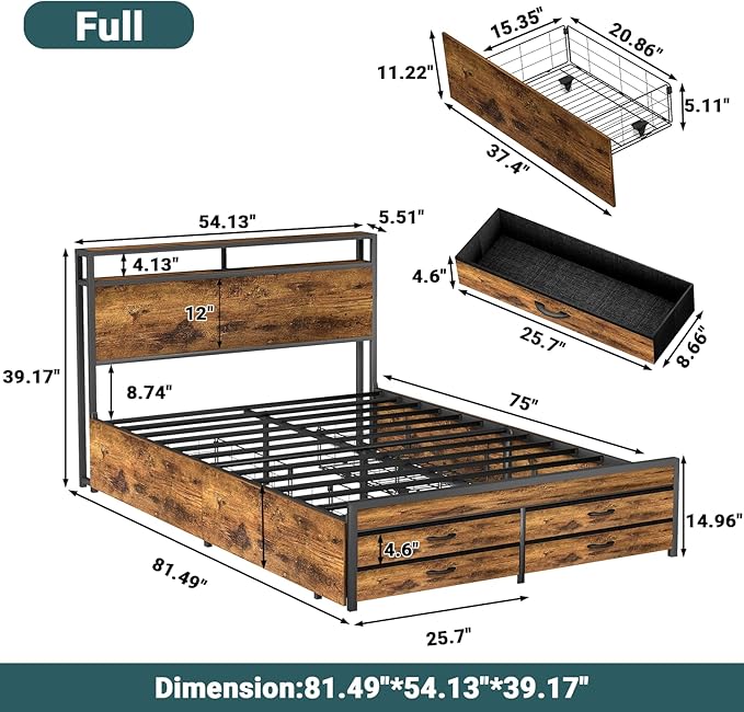 Full Size Bed Frame with 8 Storage Drawers, Full Platform Bed with Headboard, Charging Station, LED Light, Noise-Free Design, No Box Spring Required, Brown