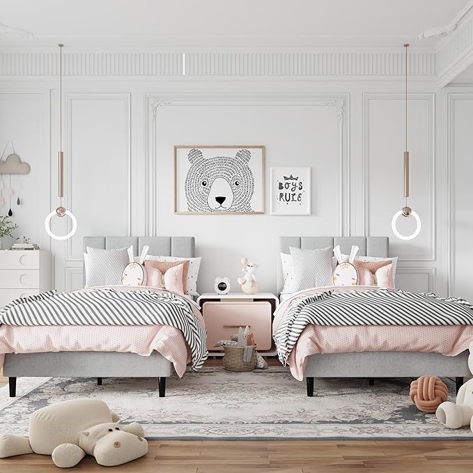 Twin Size Bed Frame, Platform Bed Frame with Velvet Upholstered Headboard, Twin Upholstered Mattress Foundation with Strong Wooden Slats, No Box Spring Needed, Noise Free, Easy Assembly