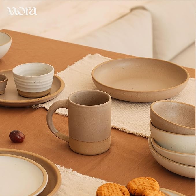 MORA Medium Dishes Set of 4, 30oz Ceramic Pottery Pasta Plate/Wide Bowls - Microwave, Oven and Dishwasher Safe - Mushroom
