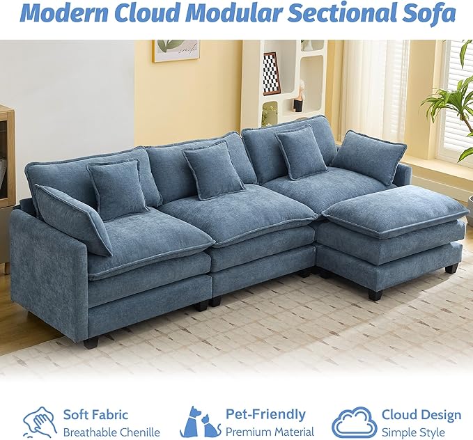 111'' Sectional Cloud Deep Seat Couch, Modern Comfy Chenille L Shaped Sectional Sofa for Living Room Set, Upholstered Modular 4-Seats Sofa Couch with Movable Ottoman, Blue