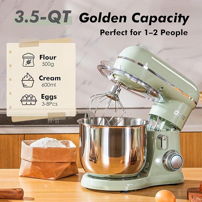 Kitchen in the Box Stand Mixer, 3.5 QT Small Electric Kitchen Mixer, 10-Speed Portable Lightweight Food Mixer with Stainless Steel Bowl, Egg Whisk, Dough Hook, Beater (Sage Green)