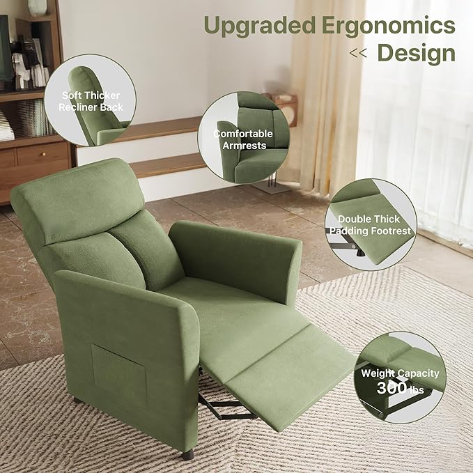 Claiks Power Recliner Chair for Adults, Adjustable Reclining Chair, Comfortable Recliner Couch with Side Pockets&Wire Remote Control, for Living Room, Home Theater, Bedroom, Linen Fabric, Green