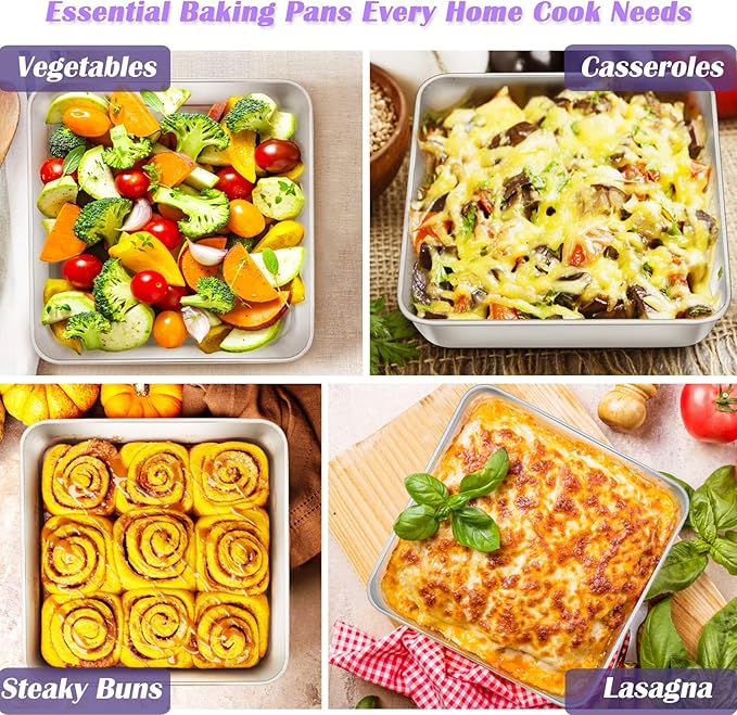 E-far 8 x 8-Inch Baking Pan, Square Cake Brownie Baking Pans Stainless Steel Bakeware Set of 3, Fits in Small Toaster Oven, Non-toxic & Dishwasher Safe