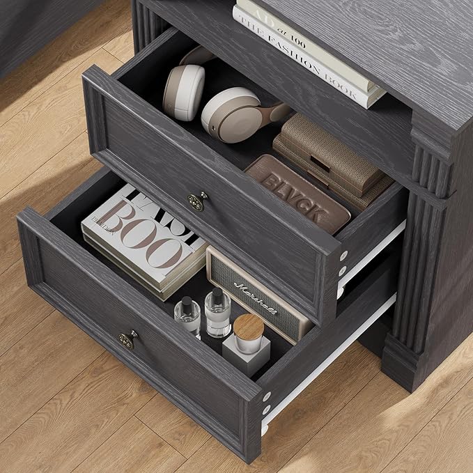 Grey Nightstand Set of 2 with Charging Station, Farmhouse End Table with 2 Drawers and Open Shelf, Wooden Bedside Table with Metal Handles, Vintage Design, Organizer for Bedroom, Hallway