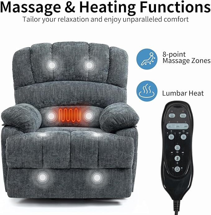 Power Lift Recliner Chair for Elderly People, Oversized Lift Recliner with Vibration Massage and Heat for Seniors with Charging Ports, Side Pockets, Chenille Fabric Blue