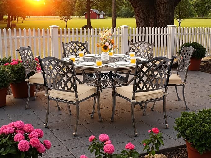 7 Piece Outdoor Dining Set Cast Aluminum, Retro Patio Dining Furniture Set for 6 Includes 54’’ Round Table 6 Chairs with Thicker Cushion and Umbrella Hole for Patio Deck Garden