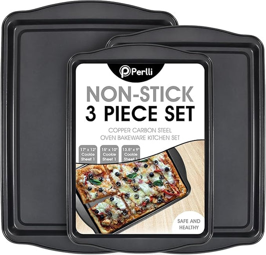 Perlli Cookie Sheets for Baking Non Stick Oven Pan Tray Baking Sheet 3-Piece Set (Small, Medium & Large) Carbon Steel BPA Free Cooking and Baking Trays for Cakes and Cookies