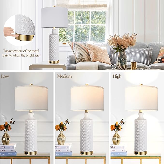 Touch Control Table Lamp Set of 2, Modern Contemporary Ceramic Bedside Lamps with 2 USB Ports, 3-Way Dimmable Nightstand Lamp with White Fabric Shade for Living Room, Bedroom (LED Bulbs Included)