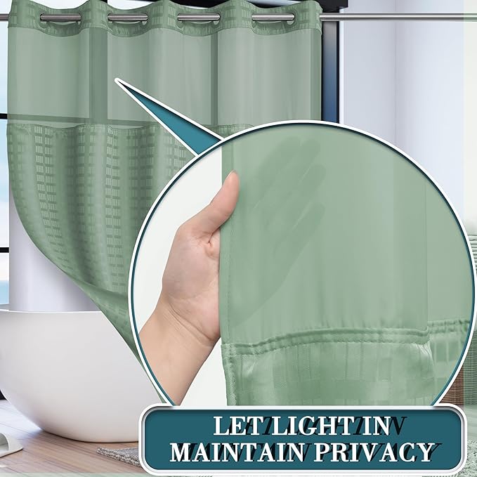 Extra Long No Hook Sage Green Shower Curtain with Snap in Liner Set, Hotel Luxury Shower Curtains for Bathroom with See Through Top Window, Waterproof, Washable 71W x 84H