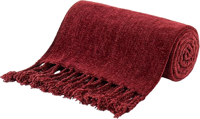 BATTILO HOME Burgundy Chenille Throw Blanket, Decorative Red Knit Throw with Fringe, Lightweight for Christmas Decor, 50"x60"