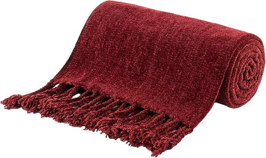BATTILO HOME Burgundy Chenille Throw Blanket, Decorative Red Knit Throw with Fringe, Lightweight for Christmas Decor, 50"x60"