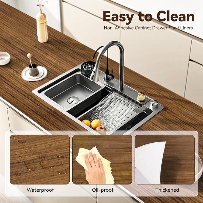 Drawer Shelf Liner for Kitchen Cabinets, Non Adhesive Slip Resistant Shelf Paper Easy to Clean, Strong Grip Thickened Waterproof Washable Mats for Pantry Shelves, Cupboard, Wood Grain, 24 in x 10 FT