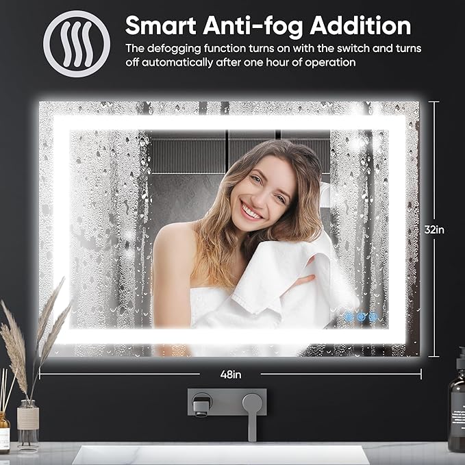Antok 32"x 48" LED Bathroom Mirror with Lights, Anti-Fog, Dimmable, Lighted Vanity Mirror with Tempered Glass, Memory Function, 3 Light Modes, Safe Use, Horizontal, Vertical