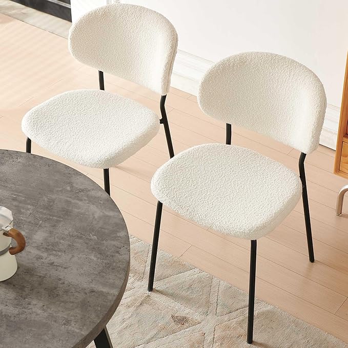 Modern Dining Table Set for 2, 37" Round MDF Living Coffee Table Industrial with 4 Seated Boucle Dining Chairs Upholstered, Metal Legs for Dining Hall, Living Room