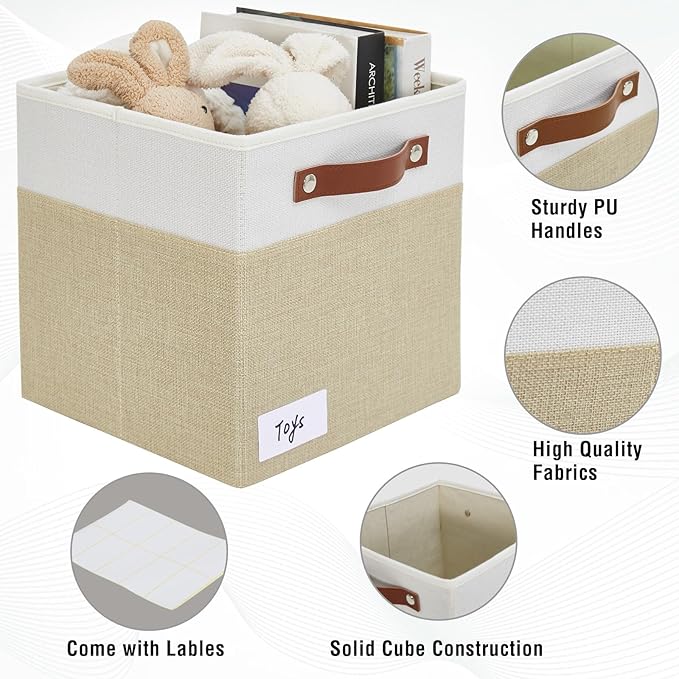 Collapsible Fabric Storage Cube Bins with 2 Reinforced PU Handles, Foldable Storage Organizer Baskets for Closet, Shelves, Living Room | 11"x11"x11", 4 Pack, Beige & White