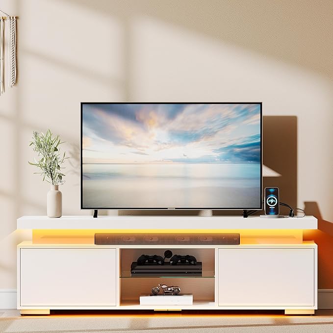 YITAHOME White TV Stands for Living Room, TV Stand for 65 inch TV, Entertainment Center with Storage,Modern TV Stand with Power Outlets & LED Light, TV Console Cabinet, White