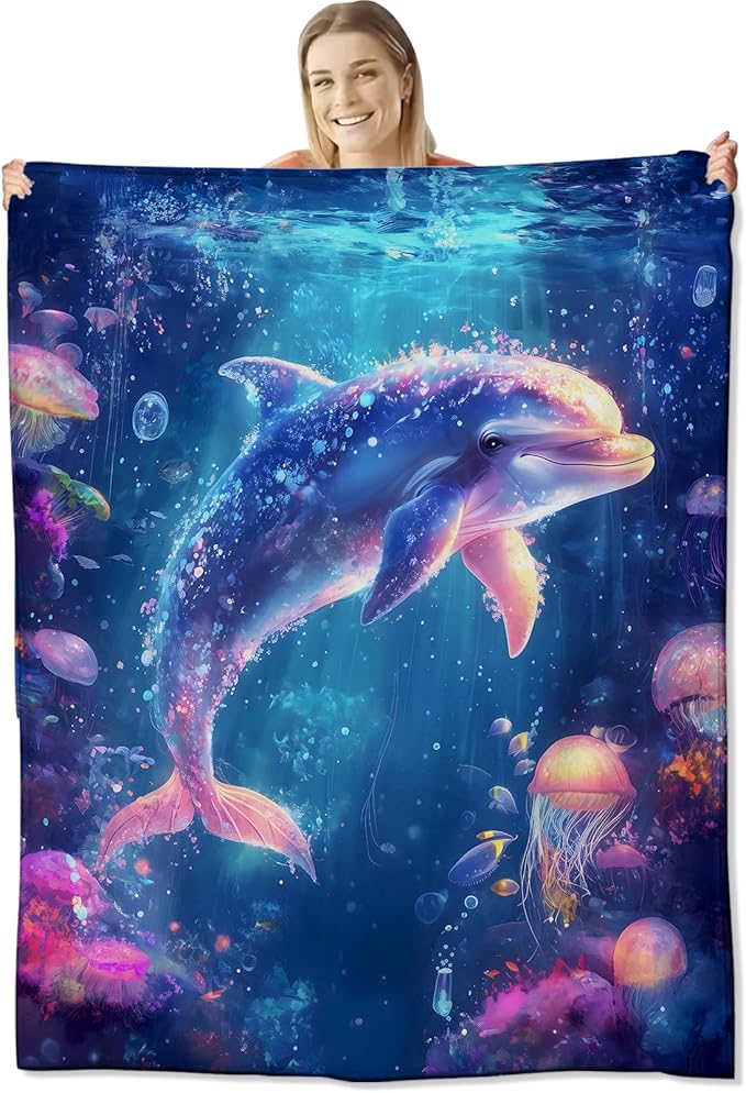 Dolphin Blanket for Kids Adults, Dolphin Gifts Flannel Throw Blanket, Dolphin Decor Lightweight Warm Soft for Sofa Couch Bed Living Room Office 60" x 50"