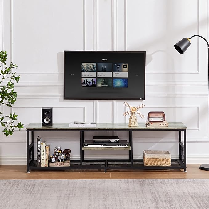 VECELO TV Stand for Televisions up to 80 Inch 70" Entertainment Center with Open Storage Shelves for Living Room/Bedroom, 3 Tiers Media Console Table Frame, 70 Inches, Grey +Metal