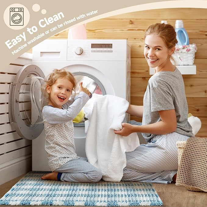 Waffle Bath Mat, Boho Bathroom Rugs Non Slip Washable Absorbent Checkered Bathroom Mat Quick Dry Cute Bath Mat, 24"x16" Blue and White