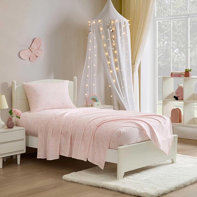 Laura Ashley Kids - Full Sheet Set, Soft & Wrinkle-Resistant Toddler Bedding Set, Deep Pockets, Girl Bed Sheets with Matching Fitted Sheet & Pillowcases (Tiny Bows Pink)