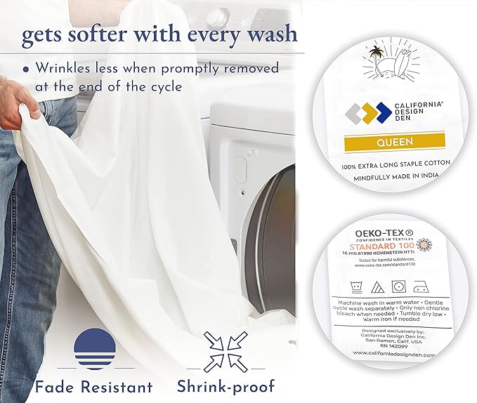 California Design Den Luxury Queen Size Sheet Set - 100% Cotton, 600 Thread Count Deep Pocket Queen Sheets, Hotel-Quality Bedding with Sateen Weave - White Embroidered Grey