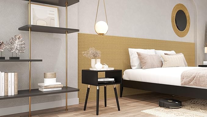 Bme Dinkee Solid Wood Nightstand, Fully Assembled, Without Drawer for Mid Century Bedroom and Living Room, Black