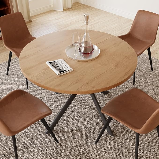 45.3 Inch Modern Round Dining Table for 4, Space-Saving Dinette with Carbon Steel Legs for Home Kitchen Apartment(Oak Table)