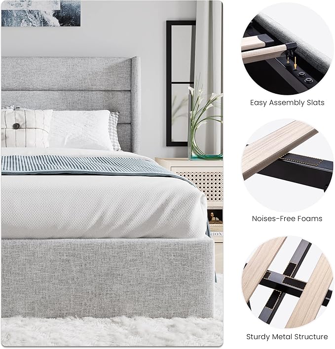 SHA CERLIN Full Size Lift Up Storage Bed/Modern Wingback Headboard/Upholstered Platform Bed Frame/Hydraulic Storage/No Box Spring Needed/Wood Slats Support/Light Grey